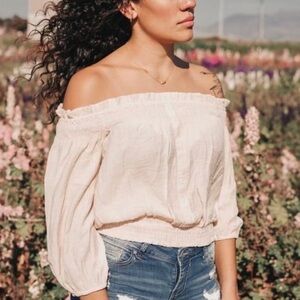 WOMENS OFF THE SHOULDER RUFFLE TRIM LONG SLEEVE BLOUSE